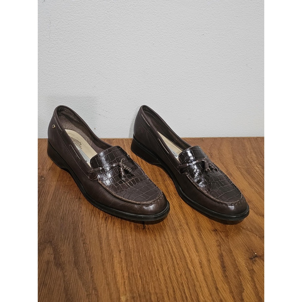 Etienne Aigner Gotham Dress Shoes Size 10 Brown Leather Croc Tassel Loafer Mens